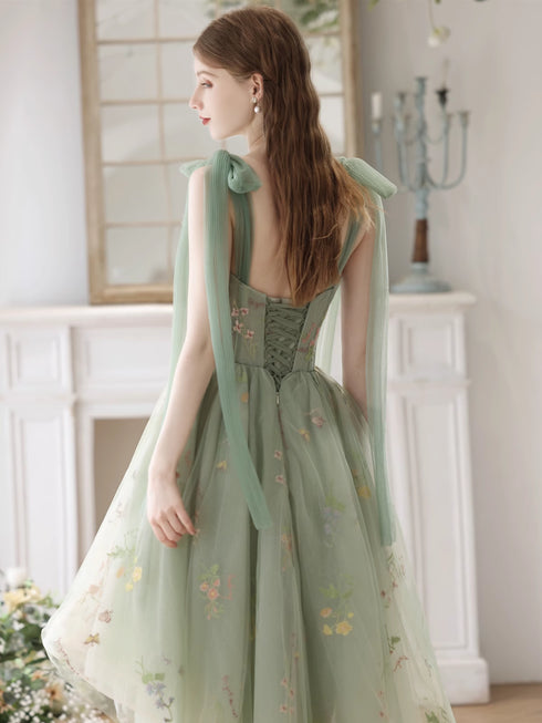 Light Green High Low Floral Tulle Formal Dress, High Low Homecoming Dresss