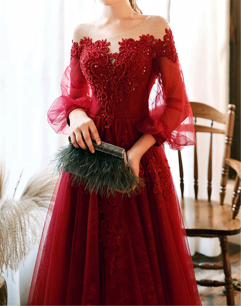 Wine Red Prom Dress Lace Evening Dress Party Dress, A-line Wine Red Formal Dress