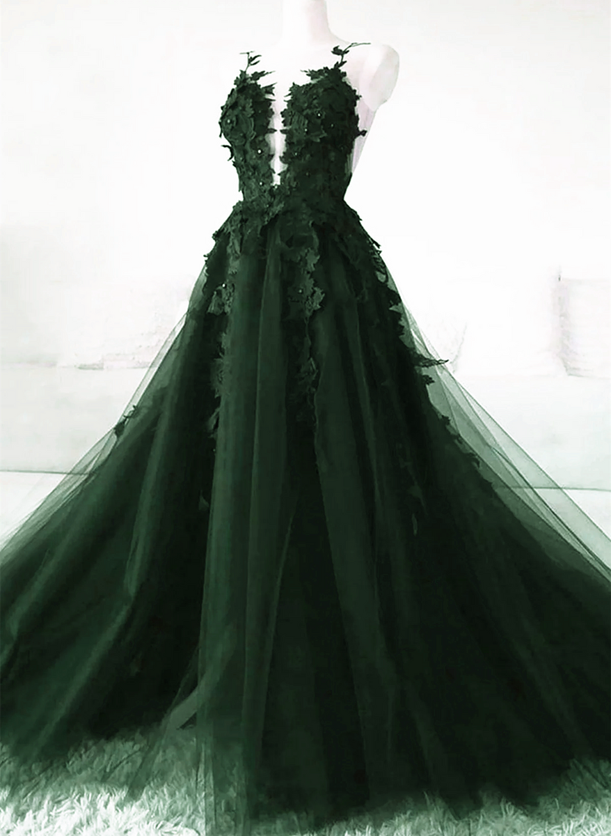 slim fit dress slacks Green Spaghetti Straps A Line Long Tulle Prom Dress 2280 – JulyProm main image 1
