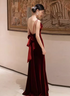 Wine Red Velvet Straps Low Back Long Wedding Party Dress, Wine Red Prom Dress Formal Dress
