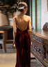 Wine Red Velvet Straps Low Back Long Wedding Party Dress, Wine Red Prom Dress Formal Dress