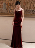 Wine Red Velvet Straps Low Back Long Wedding Party Dress, Wine Red Prom Dress Formal Dress