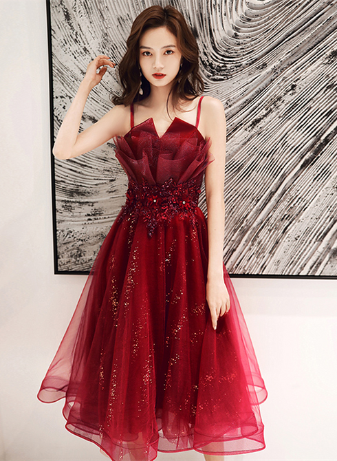 Wine Red Shiny Tulle Straps Short Homecoming Dress, Wine Red Tulle Short Prom Dress