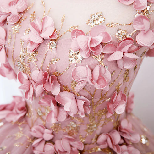 Pink Flowers Round Neckline Floor Length Sweet 16 Dress, Pink Long Formal Dress