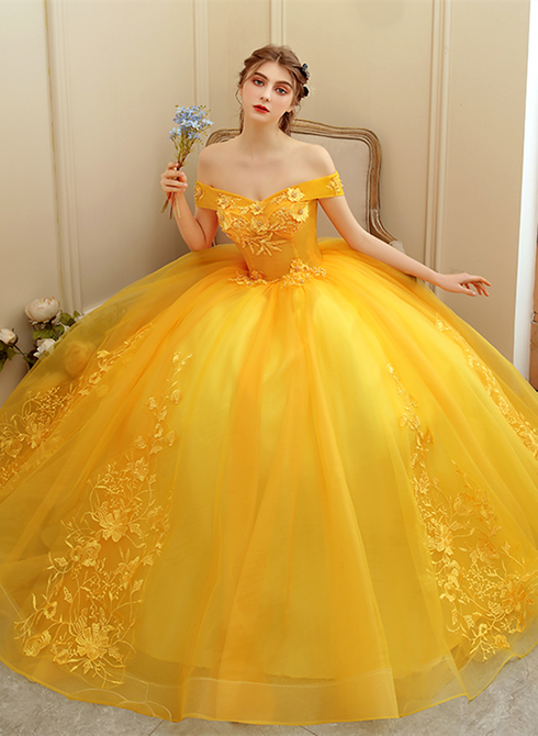 Yellow Off Shoulder Ball Gown Tulle with Lace Sweet 16 Dress, Yellow Formal Dress