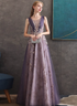 A-line Purple Tulle with Lace Applique Long Formal Dress, Purple Bridesmaid Dress