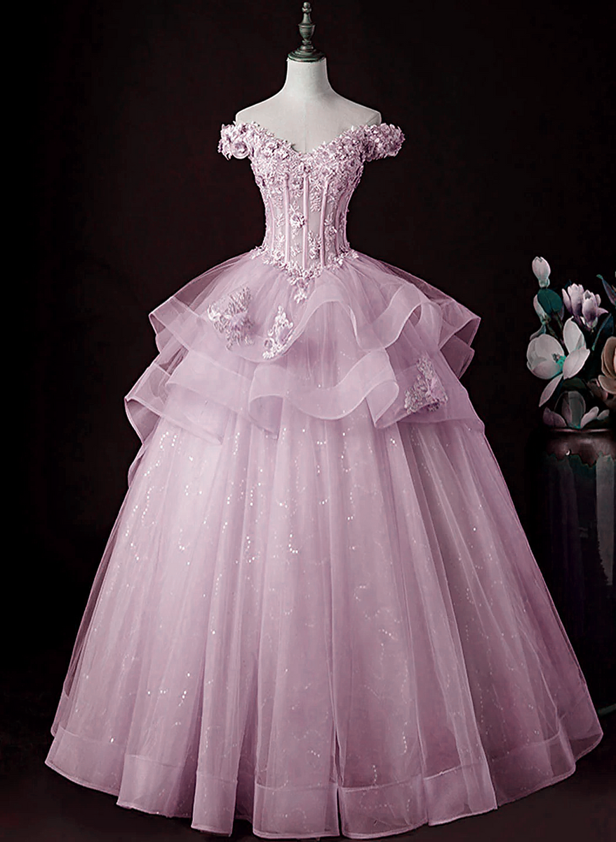 Pink Sweetheart Off Shoulder With Lace Long Sweet 16 Dress, Pink Formal Dress main image 0
