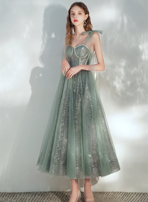 Lovey Green Tulle Short Prom Dress with Sequins, A-Line Homecoming Dress Formal Dress