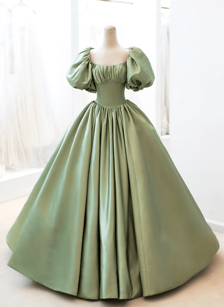 Green Satin Puffy Sleeves Long Formal Dress, Green Satin Prom Dress Pa
