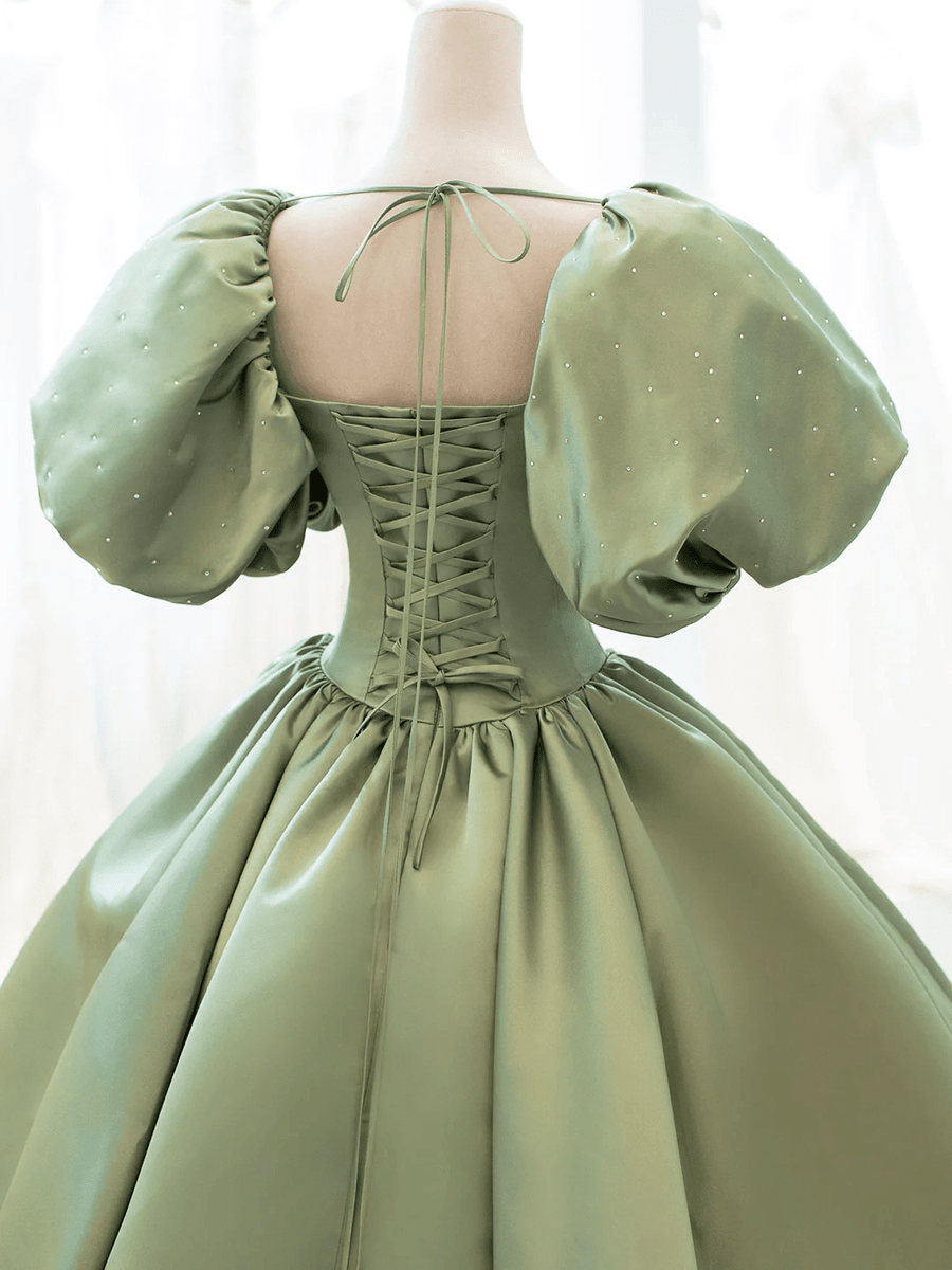 green emerald velvet dress Green Satin Puff Sleeve Quinn Midi Dress main image 1