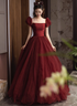 Wine Red Short Sleeves Tulle Long Party Dress, Wine Red A-line Floor Length Prom Dress
