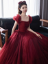 Wine Red Short Sleeves Tulle Long Party Dress, Wine Red A-line Floor Length Prom Dress