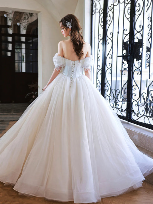White Off Shoulder Sweetheart Beaded Long Party Dress, White Formal Dress