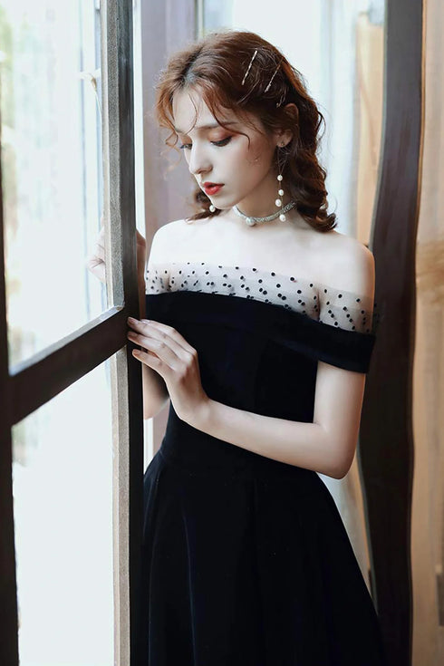 Off Shoulder Black Velvet Party Dress, Black Short Homecoming Dress Evening Dress