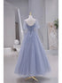 Blue Short Sleeves Tulle Long Sweetheart Party Dress, A-line Blue Prom Dress