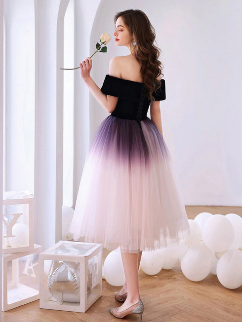 Purple Tulle Off Shoulder Gradient Party Dress, Purple Tulle Short Homecoming Dress
