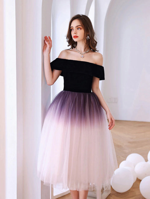 Purple Tulle Off Shoulder Gradient Party Dress, Purple Tulle Short Homecoming Dress