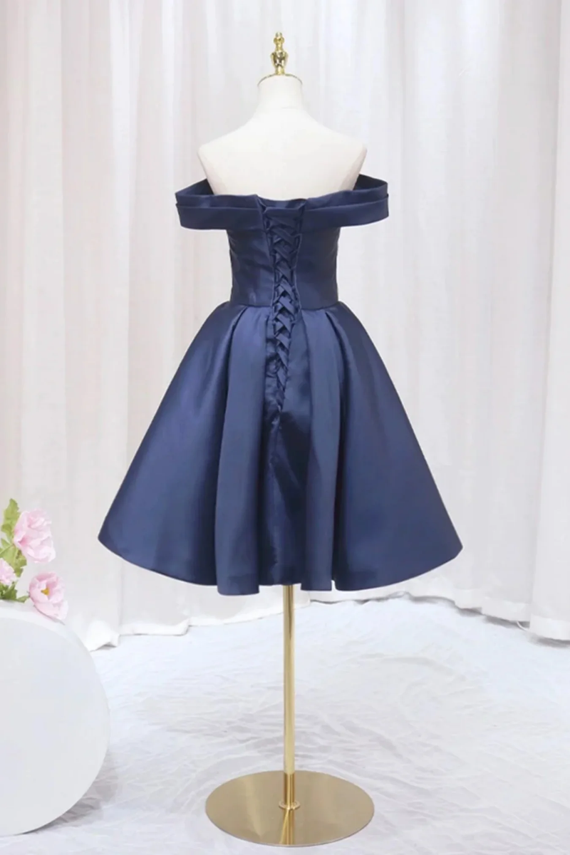 Navy Blue Satin Off Shoulder Knee Length Party Dress, Navy Blue Homeco