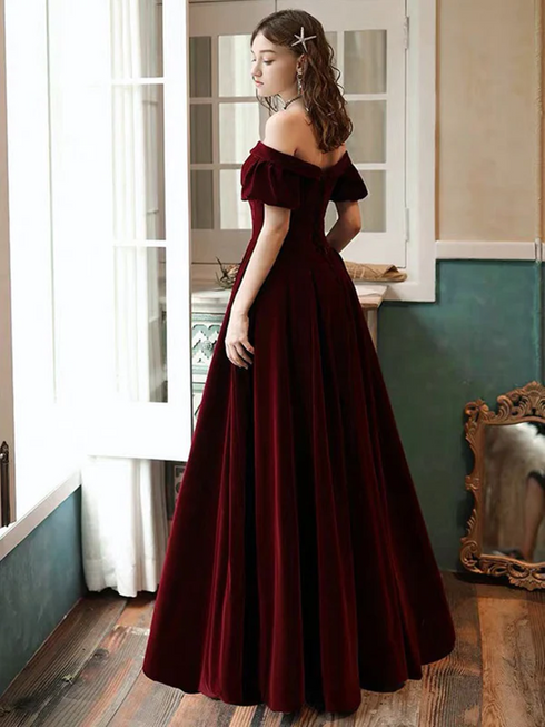 Wine Red Velvet Off Shoulder Simple Long Party Dress, Velvet Bridesmaid Dress