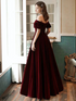 Wine Red Velvet Off Shoulder Simple Long Party Dress, Velvet Bridesmaid Dress