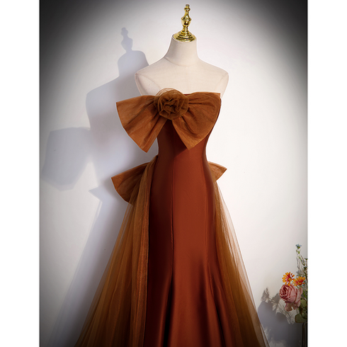 Brown Tulle and Satin Mermaid Long Party Dress, Long Formal Dress Prom Dress