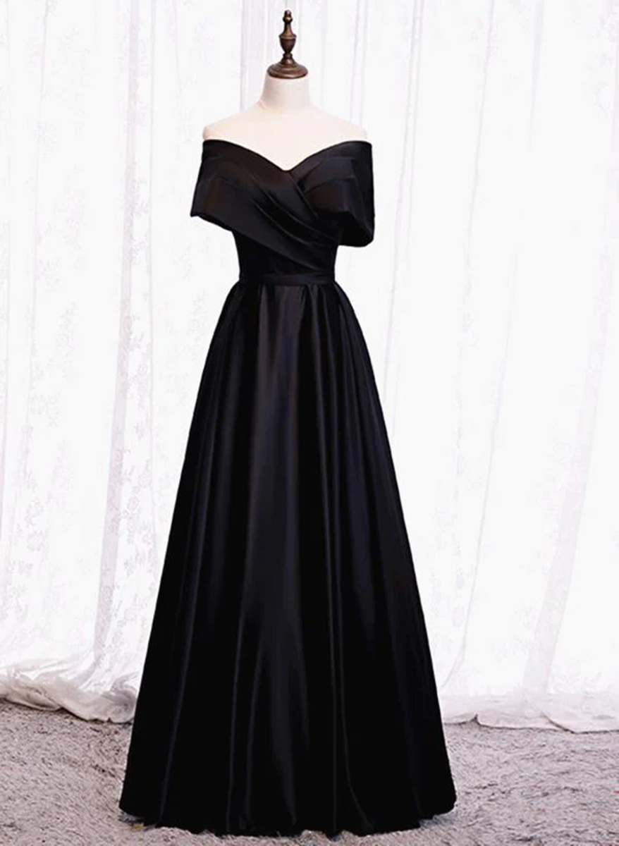 Black Satin Sweetheart Off Shoulder Long Prom Dress, Black Party Dress main image 1