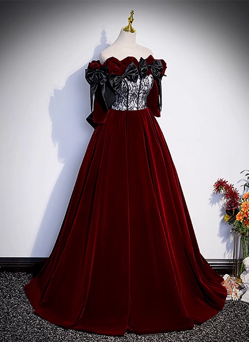 Wine Red Velvet Off Shoulder Party Dress with Bow, Wine Red Velvet Long Prom Dress