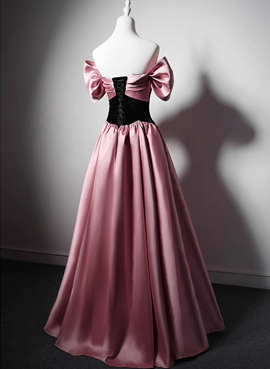 Off Shoulder Satin Scoop A-line Long Party Dress, Pink and Black Prom