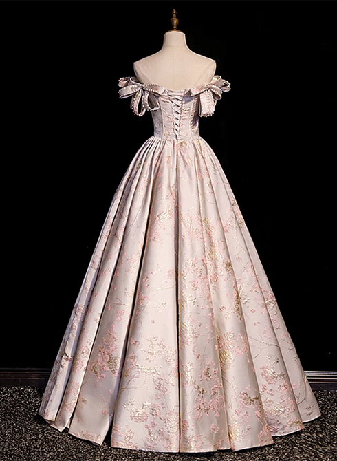 Pink Statin Off Shoulder Floral Long Party Dress, Pink Sweetheart Prom Dress Evening Dress