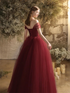 Wine Red Sweetheart Beaded Off Shoulder Party Dress, Wine Red Tulle Formal Dress