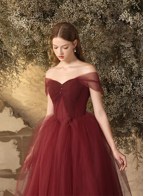 Wine Red Sweetheart Beaded Off Shoulder Party Dress, Wine Red Tulle Formal Dress