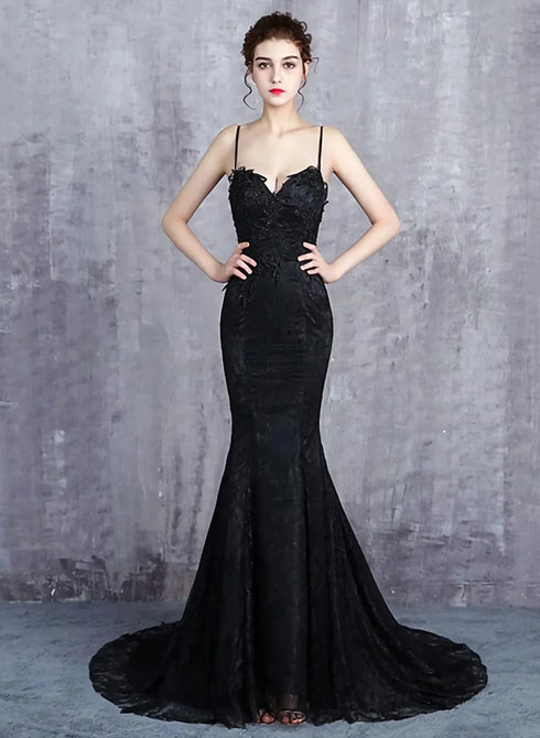 Beautiful Mermaid Black Straps Long Formal Dress, Black Evening Dress Prom Dress