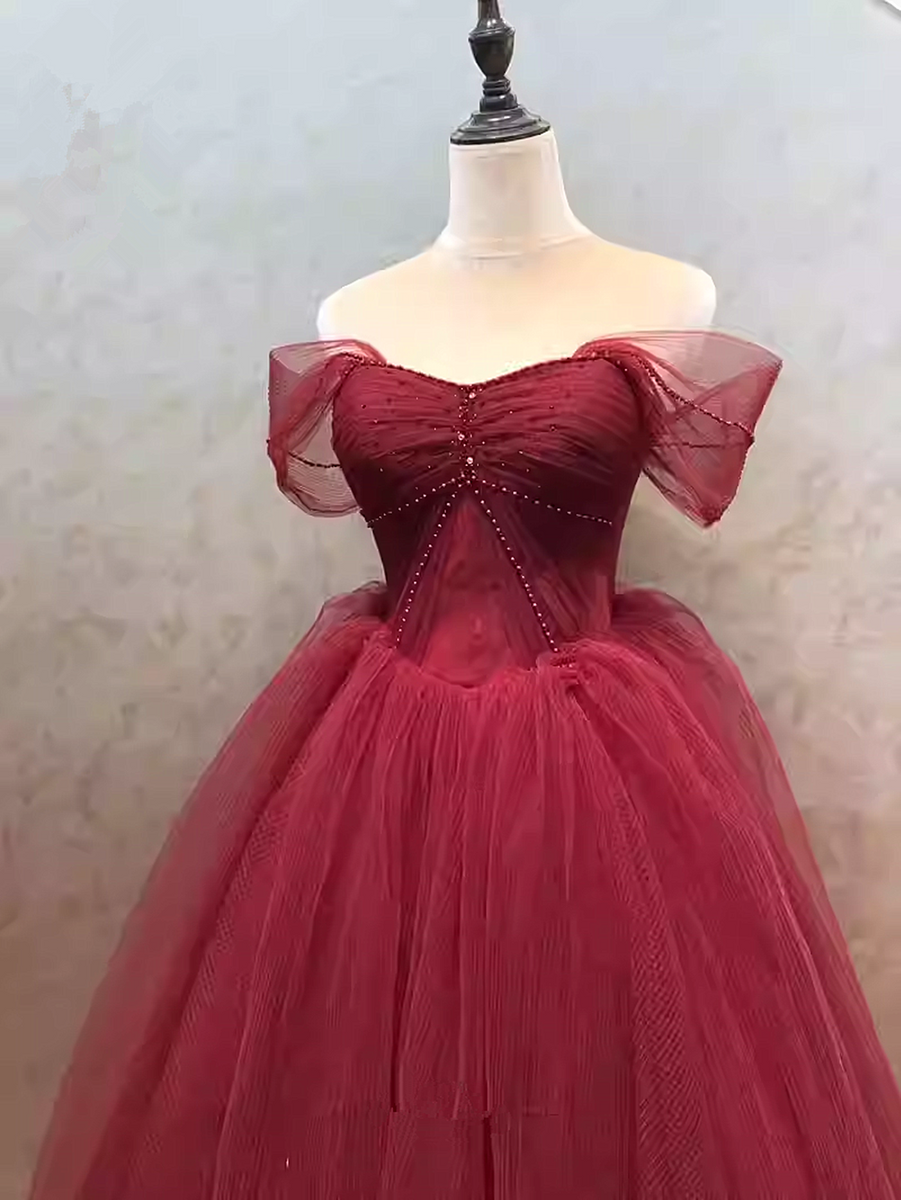 Glamorous Wine Red Off-The-Shoulder Evening Dress With Sequins Beads main image 1