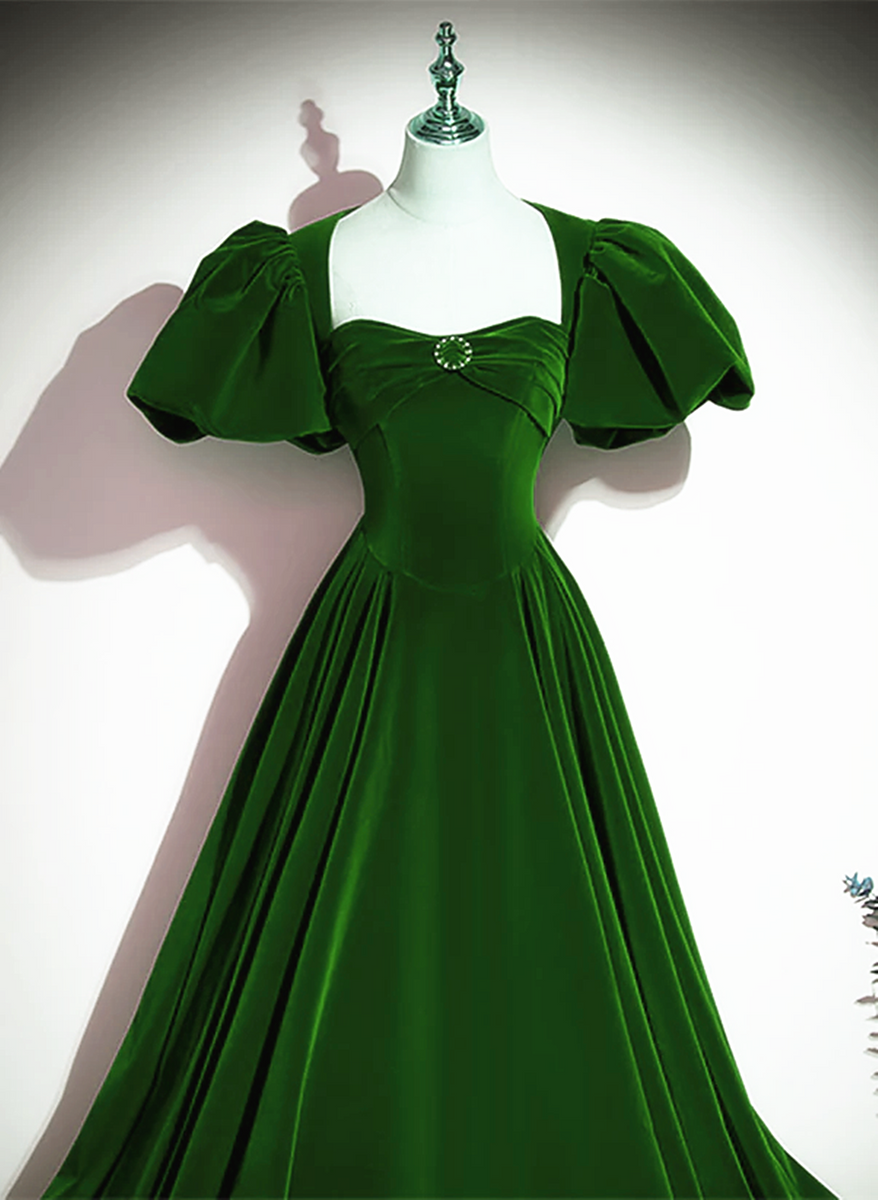 green dress and brown shoes Green Velvet Backless Long Party Dress, Green Short Sleeves Formal Dress Prom Dress Custom size / Custom Color
