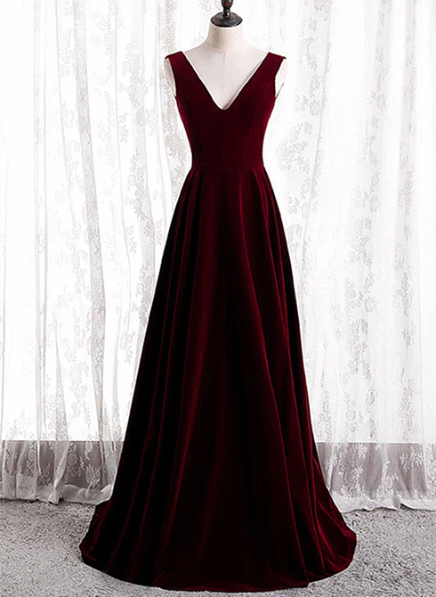 Wine Red Velvet V-neckline Simple Long Party Dress, Wine Red Bridesmaid Dress