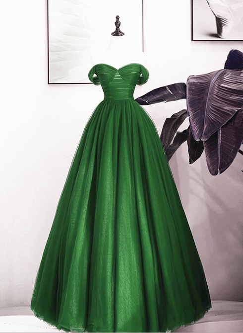 Green Off Shoulder Tulle A-line Long Party Dress, Green A-line Prom Dress