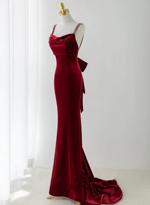 Wine Red Straps Low Back Mermaid Long Party Dress, Wine Red Evening Dress