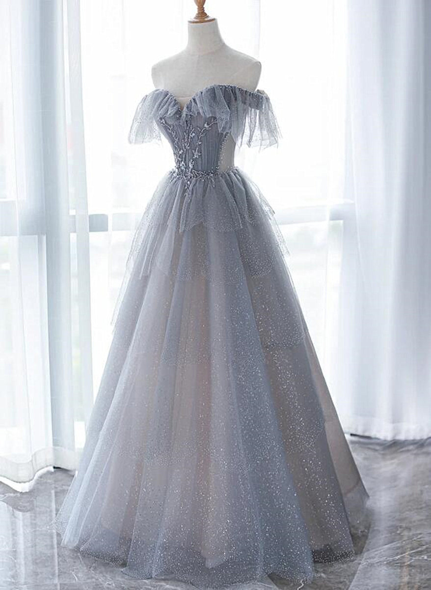 Chic Grey Beaded Layers Tulle Long Formal Dress, Grey Off Shoulder Pro