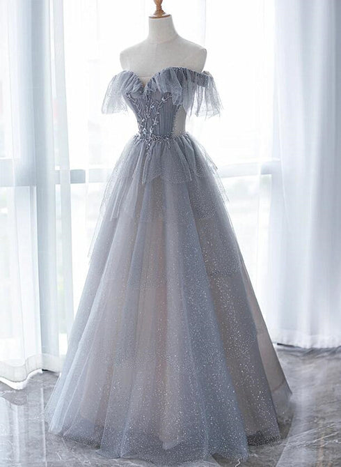 Chic Grey Beaded Layers Tulle Long Formal Dress, Grey Off Shoulder Prom Dress