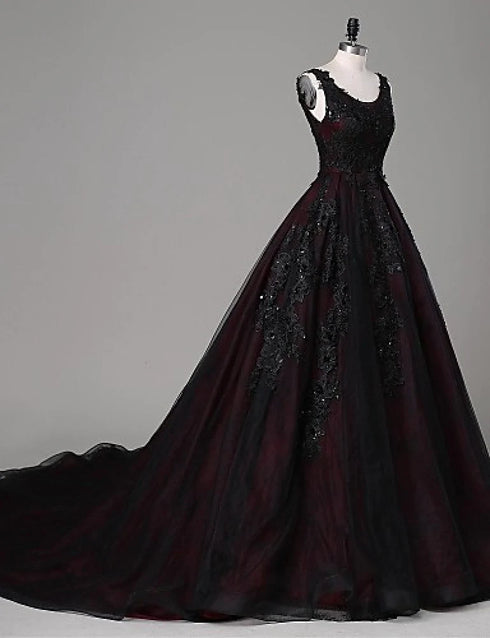 Black and Red Backless Tulle Long Formal Gown, Black and Red Long Prom Dress