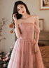 Pink Tulle Off Shoulder Long Party Dress, A-line Pink Beaded Prom Dress