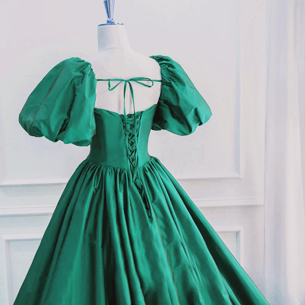 Green Puffy Sleeves Taffeta Long Formal Dress, Scoop Green Prom Dress