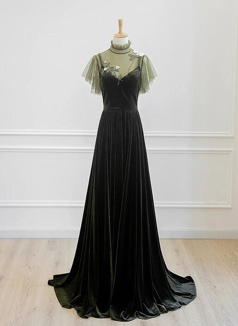 A-line Green Velvet Long Wedding Party Dress, High Neckline Prom Dress Evening Dress