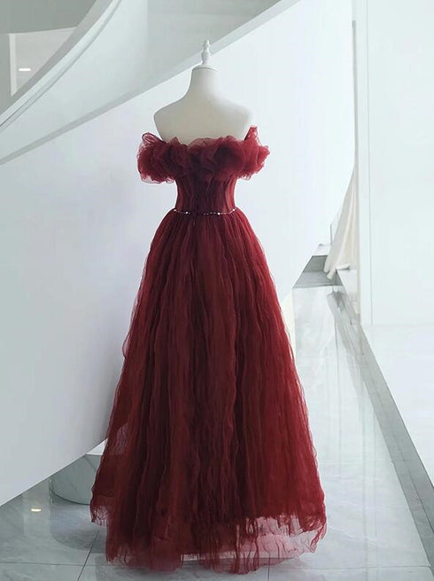 Wine Red Tulle Sequins Long Off Shoulder Party Dress, Wine Red Tulle Prom Dress