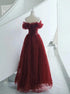 Wine Red Tulle Sequins Long Off Shoulder Party Dress, Wine Red Tulle Prom Dress