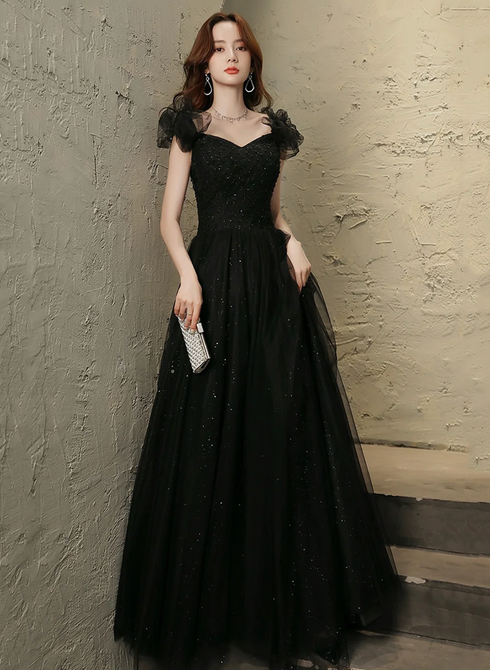 Black Tulle Beaded A-line Long Prom Dress, Short Sleeves Party Dress