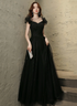 Black Tulle Beaded A-line Long Prom Dress, Short Sleeves Party Dress