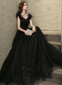 Black Tulle Beaded A-line Long Prom Dress, Short Sleeves Party Dress