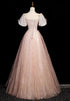 Pink Short Sleeves Tulle Sequins Long Party Dress, Pink Tulle Prom Dress