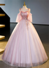 Pink Off Shoulder Tulle with Beadings Long Party Dress, A-line Pink Prom Dress